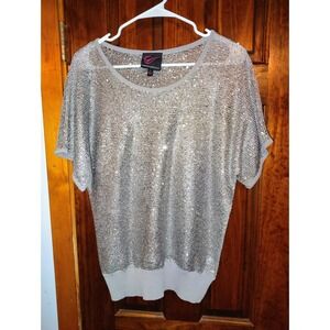 Carson Kressley Sequin Knit Top Short Sleeve Sparkle Glam Night Out S
